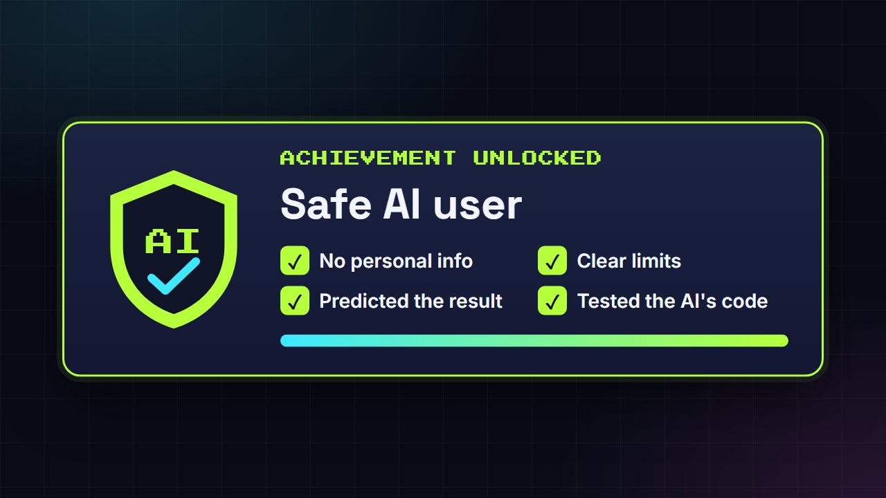 A game-style achievement panel reading Safe AI user, with ticks for no personal info, clear limits, predicted the result and tested the AI's code