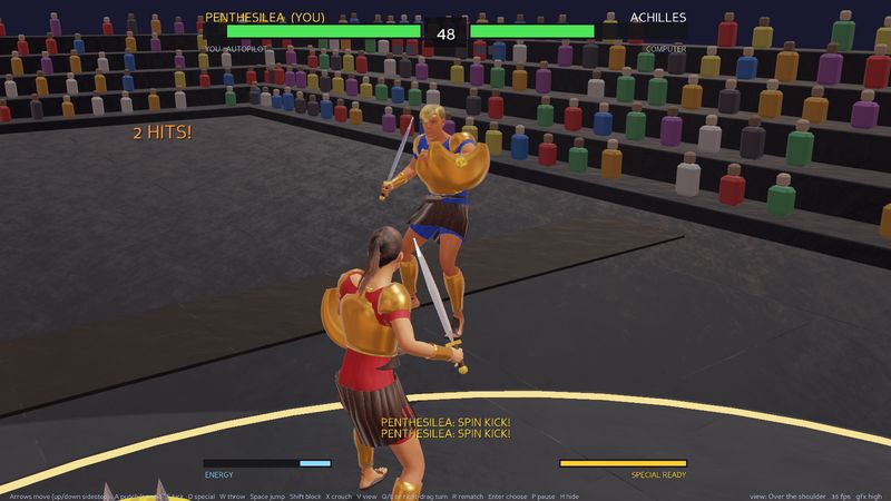 Fight Lab over-the-shoulder view: two armoured fighters with swords and shields circle each other in the ring