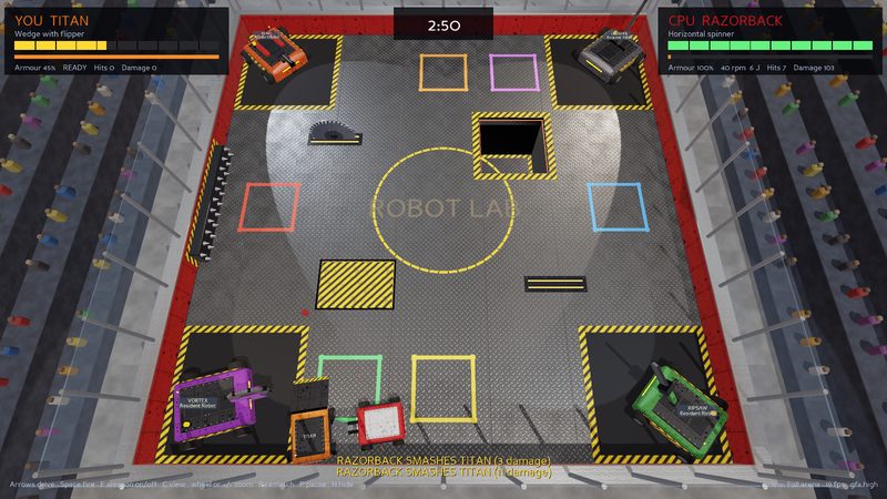 Robot Lab arena from above: TITAN and RAZORBACK, a central pit, a saw, wall spikes, a flipper and the four Resident Robots in the corners